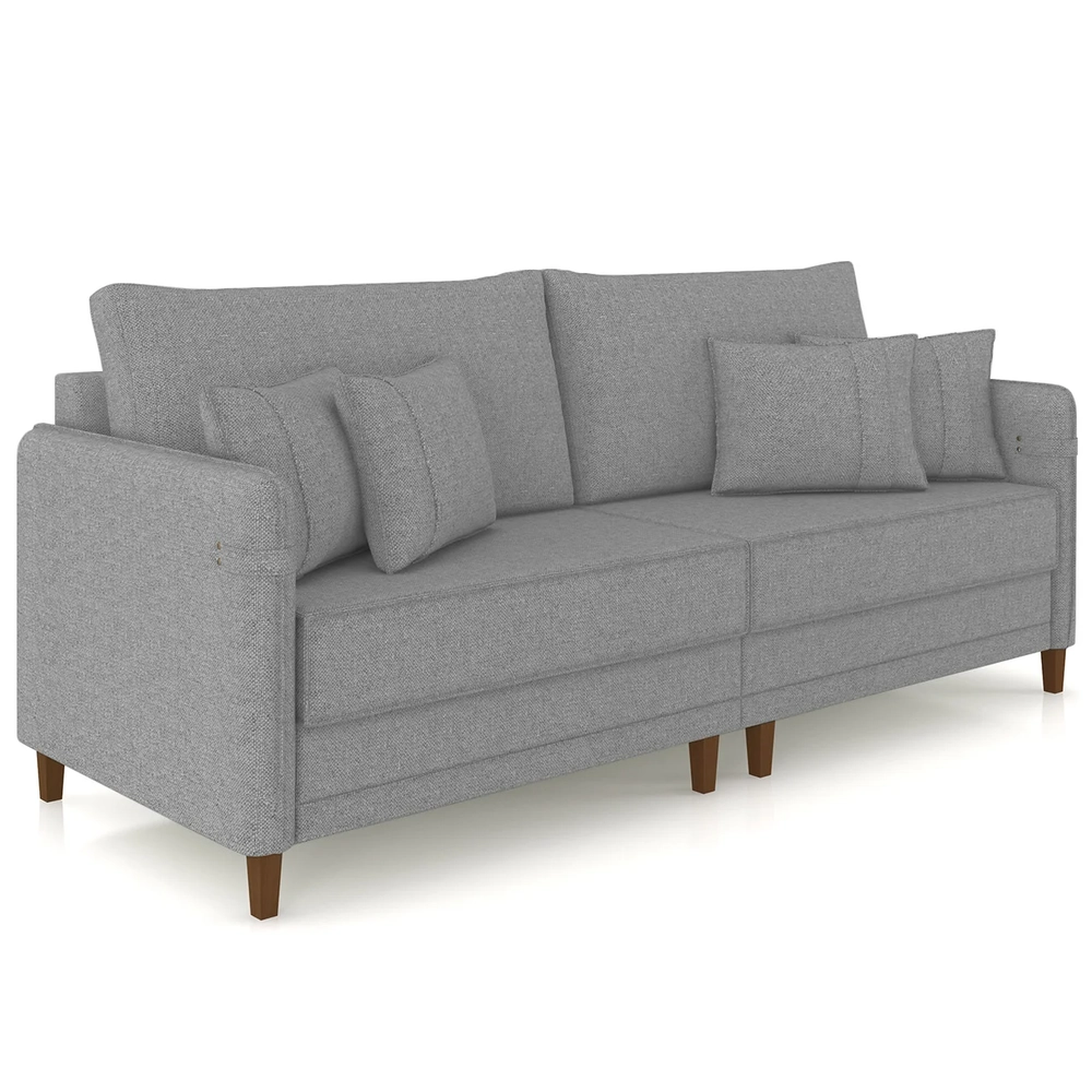 Sofá 3 Lugares Living 192cm Pé Madeira Zoe Linho Cinza Escuro Z08 - Mpozenato