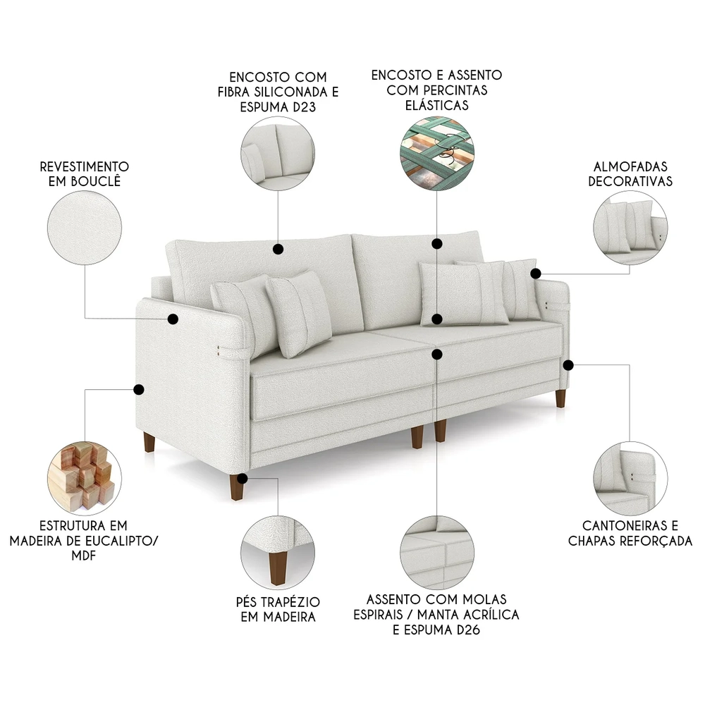 Sofá 3 Lugares Living 192cm Pé Madeira Zoe Boucle Bege Z08  - Mpozenato