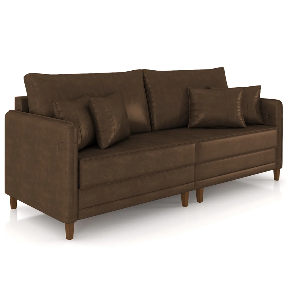 Sofá 3 Lugares Living 212cm Pé Madeira Zoe Sintético Marrom Z08 - Mpozenato