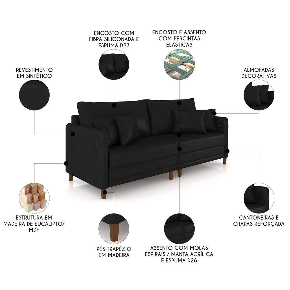 Sofá 3 Lugares Living 212cm Pé Madeira Zoe Sintético Preto Z08 - Mpozenato