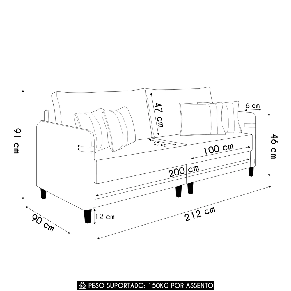 Sofá 3 Lugares Living 212cm Pé Madeira Zoe Sintético Preto Z08 - Mpozenato