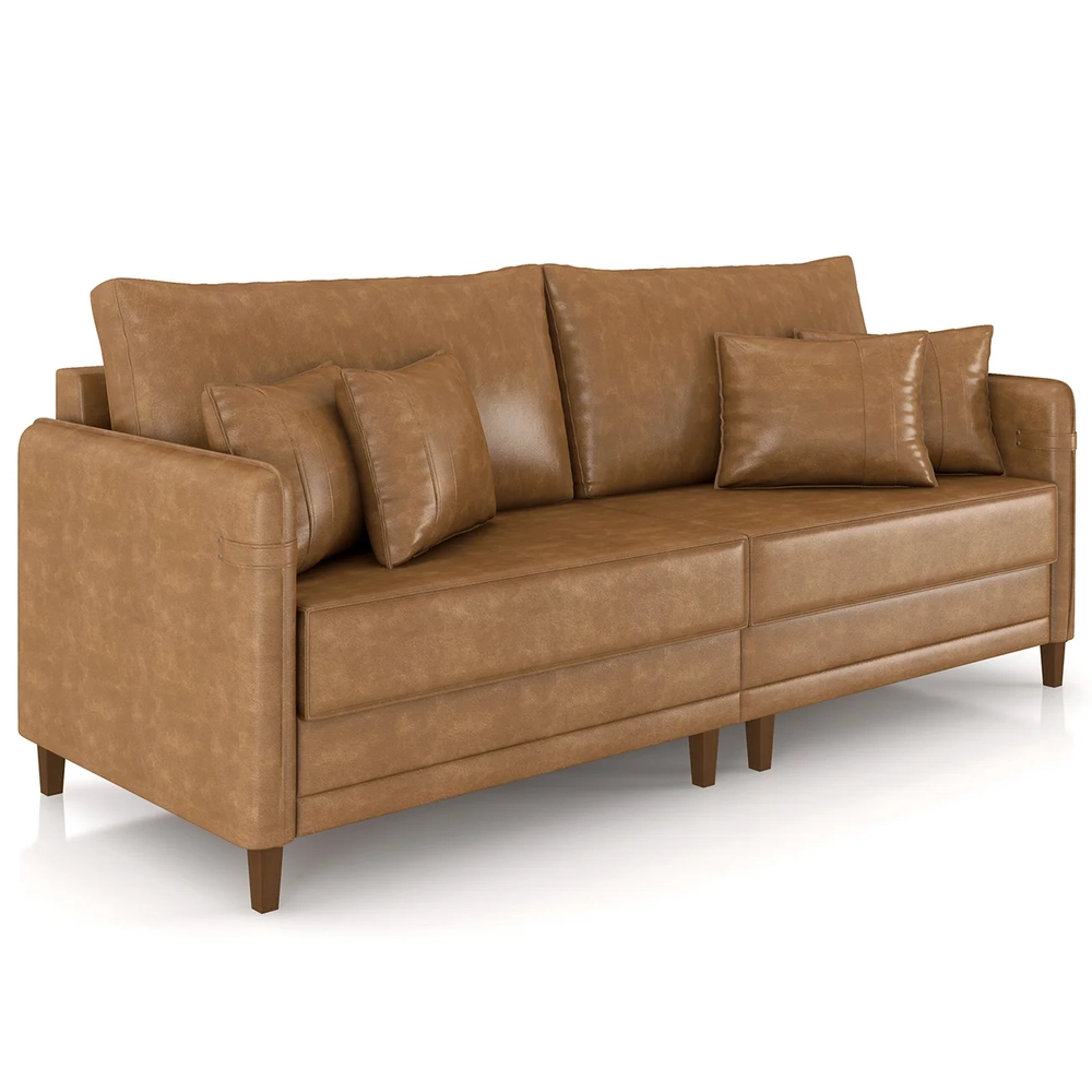 Sofá 3 Lugares Living 232cm Pé Madeira Zoe Sintético Camel Z08 - Mpozenato