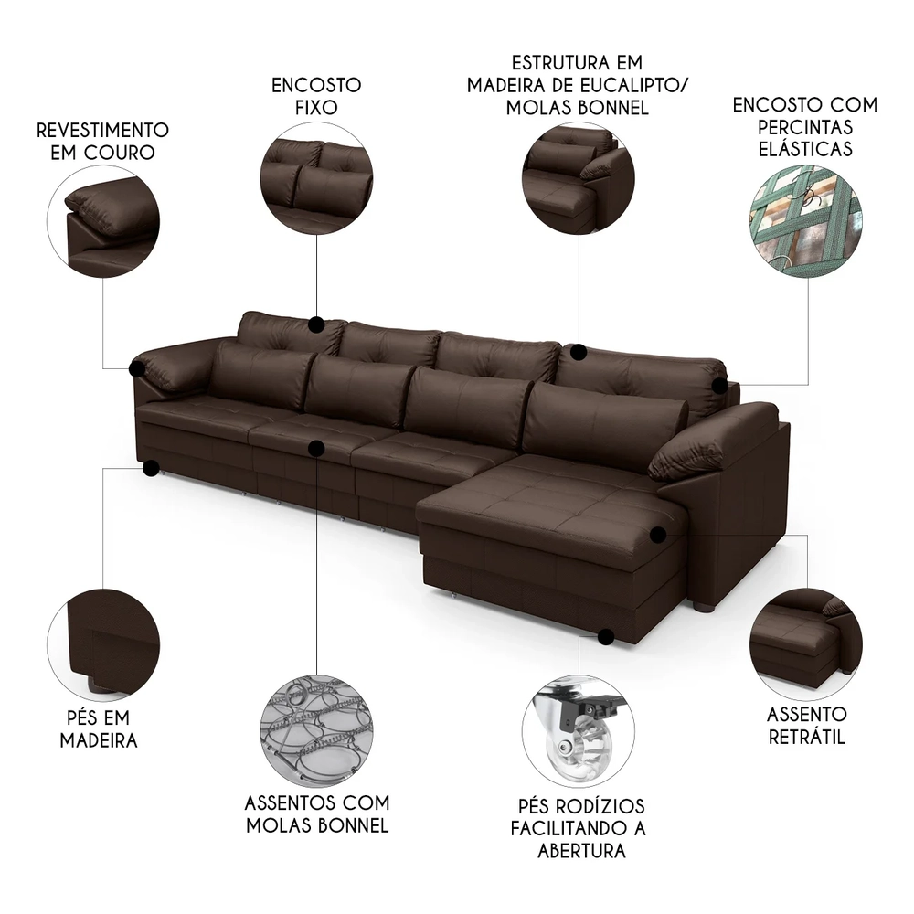 Sofá Retrátil 4 Lugares Para Sala 339cm Dijon Couro Caramelo S07 - Mpozenato