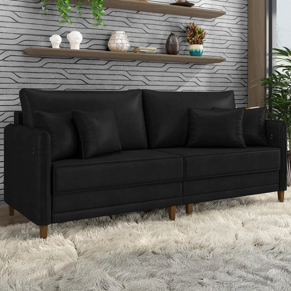Sofá 3 Lugares Living 232cm Pé Madeira Zoe Sintético Preto Z08 - Mpozenato