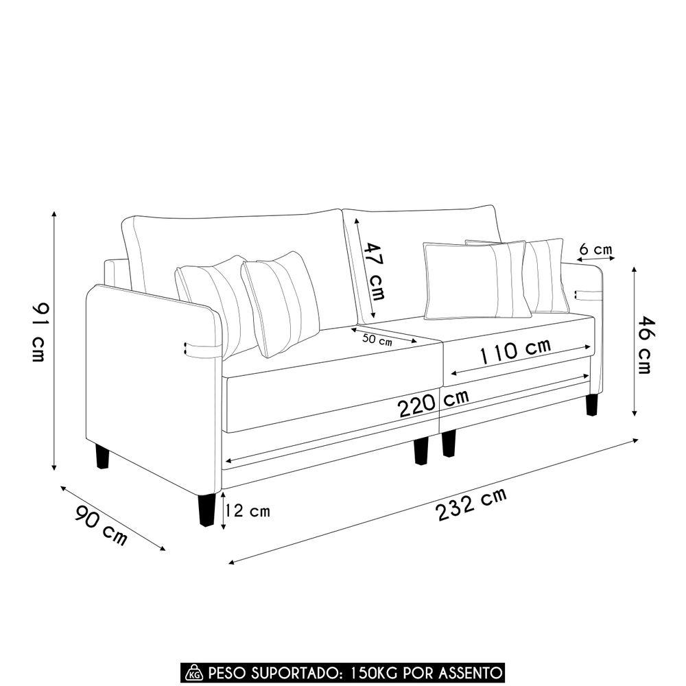 Sofá 3 Lugares Living 232cm Pé Madeira Zoe Sintético Preto Z08 - Mpozenato