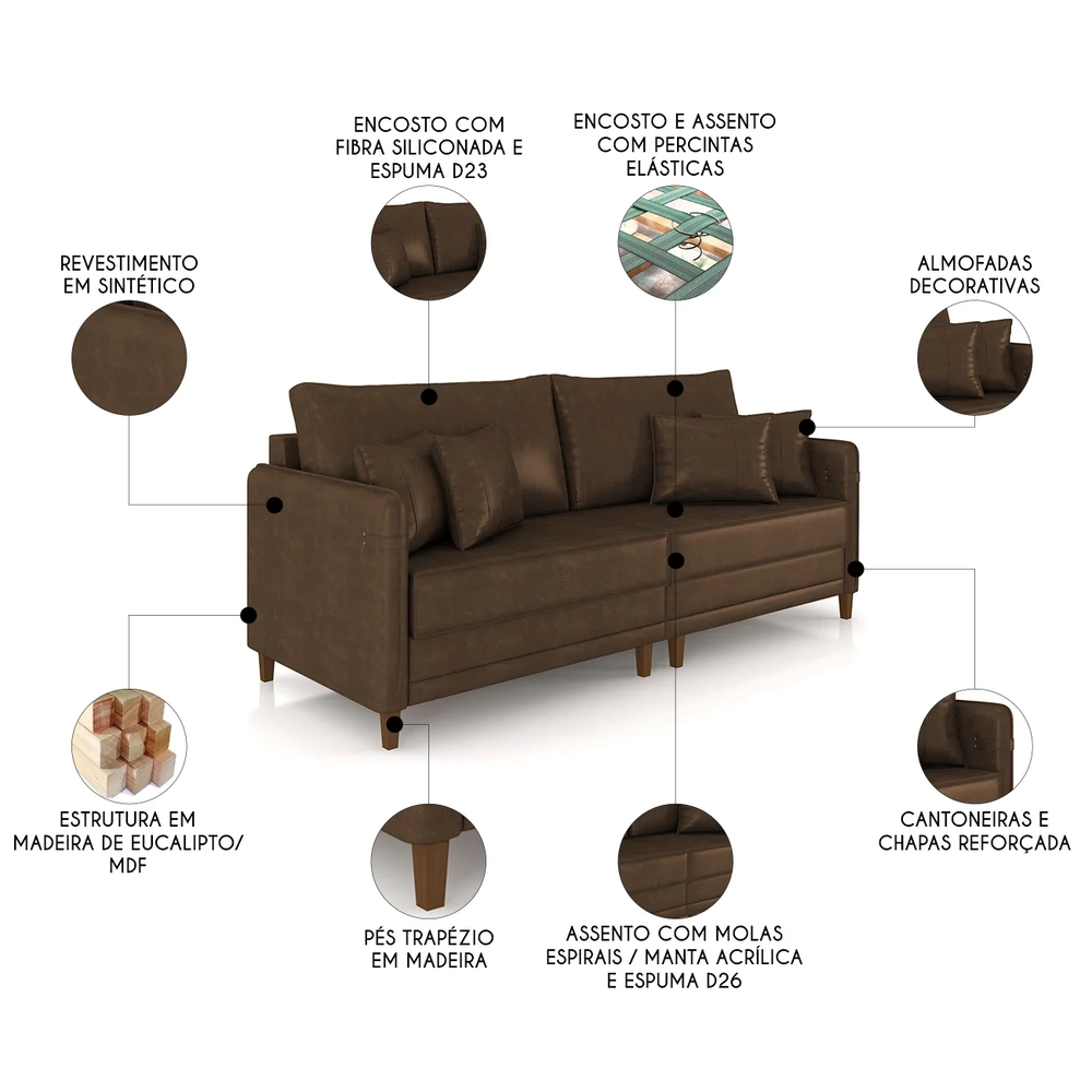 Sofá 3 Lugares Living 232cm Pé Madeira Zoe Sintético Marrom Z08 - Mpozenato