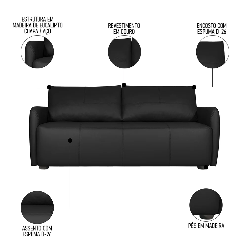 Sofá Living 3 Lugares Sala de Estar 220cm Virtus L07 Couro Preto - Mpozenato