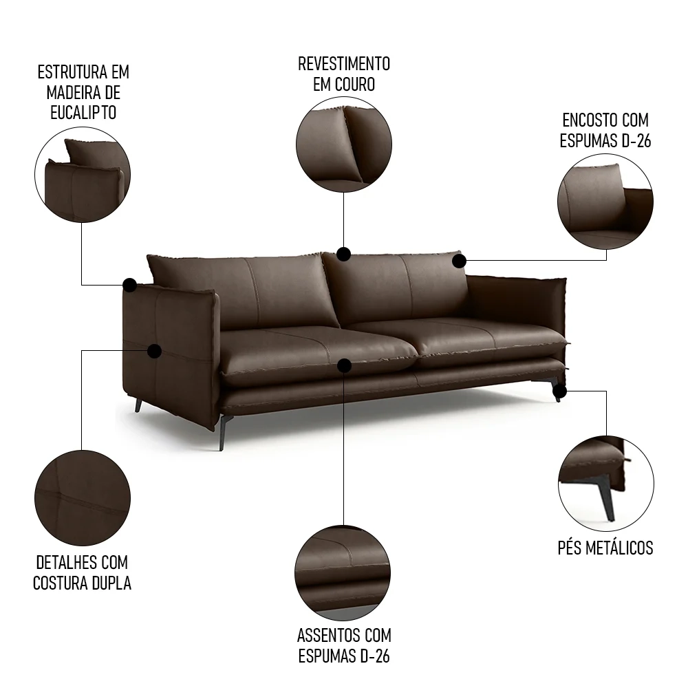 Sofá Living 3 Lugares para Sala de Estar 200cm Dojin L07 Couro Café - Mpozenato