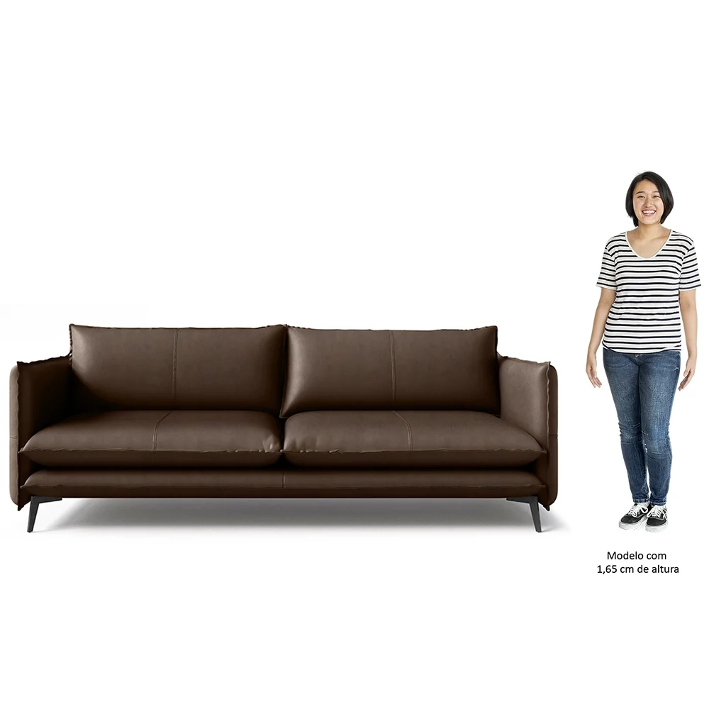 Sofá Living 3 Lugares para Sala de Estar 200cm Dojin L07 Couro Café - Mpozenato