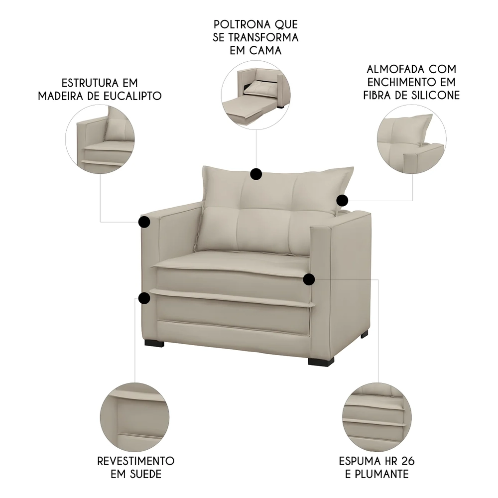 Sofá Cama Solteiro Berlim B10 Suede Bege - Mpozenato