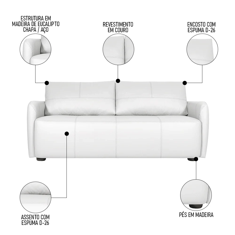 Sofá Living 3 Lugares Sala de Estar 220cm Virtus L07 Couro Branco - Mpozenato