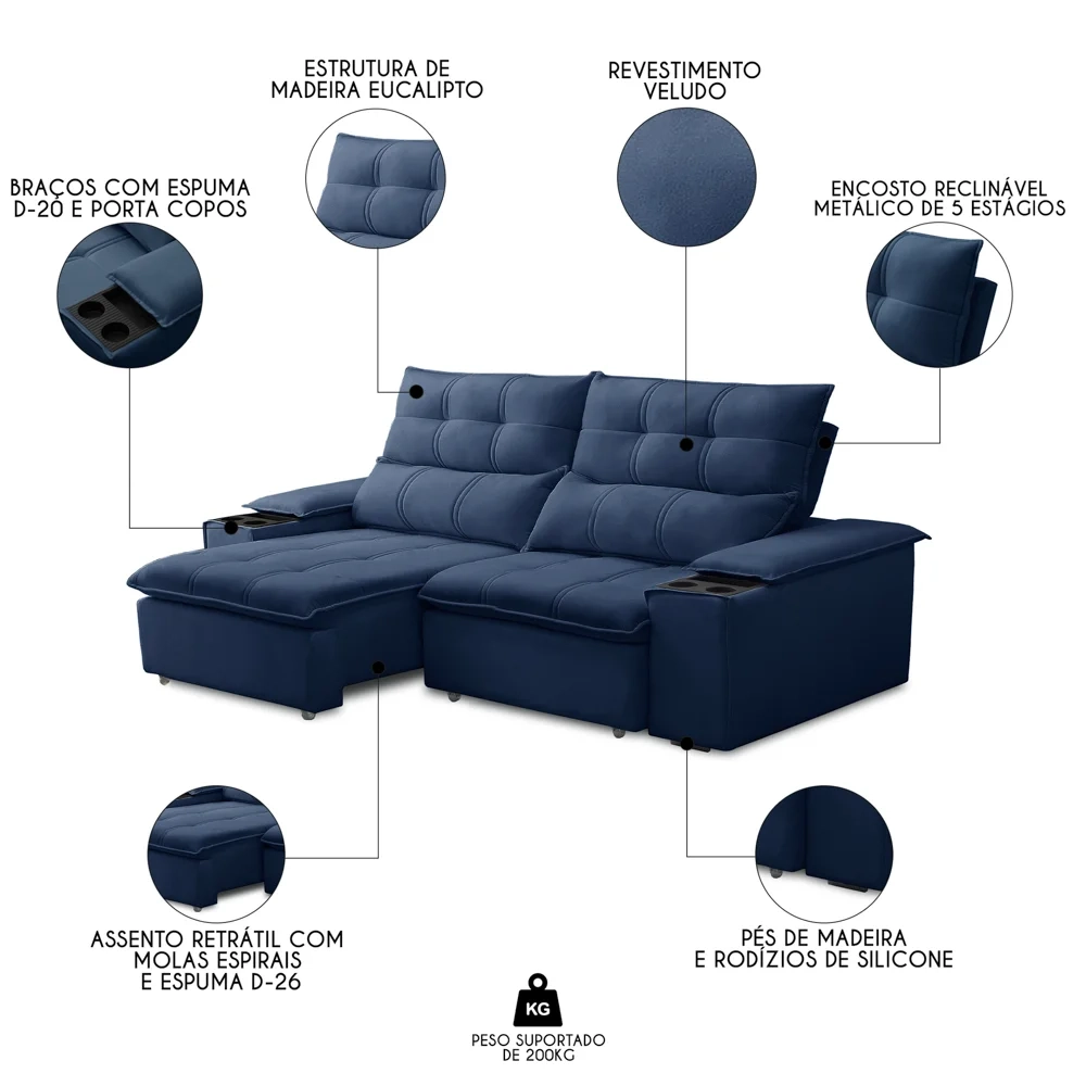 Sofá Retrátil 3 Lugares com Porta Copo 210cm Malta F05 Veludo Azul - Mpozenato