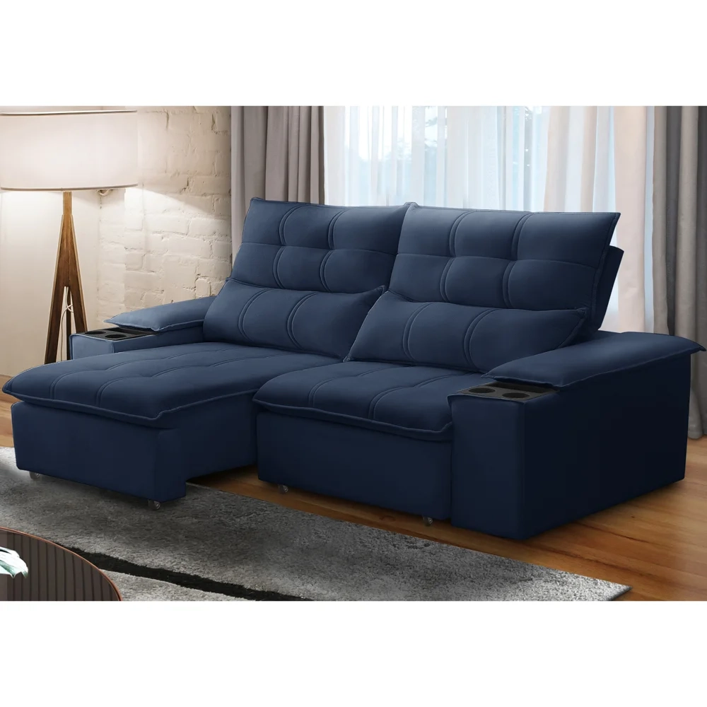 Sofá Retrátil 3 Lugares com Porta Copo 210cm Malta F05 Veludo Azul - Mpozenato