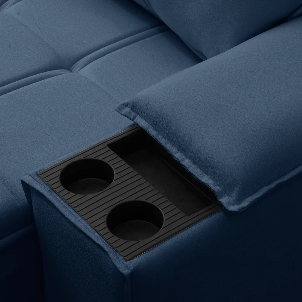 Sofá Retrátil 3 Lugares com Porta Copo 210cm Malta F05 Veludo Azul - Mpozenato