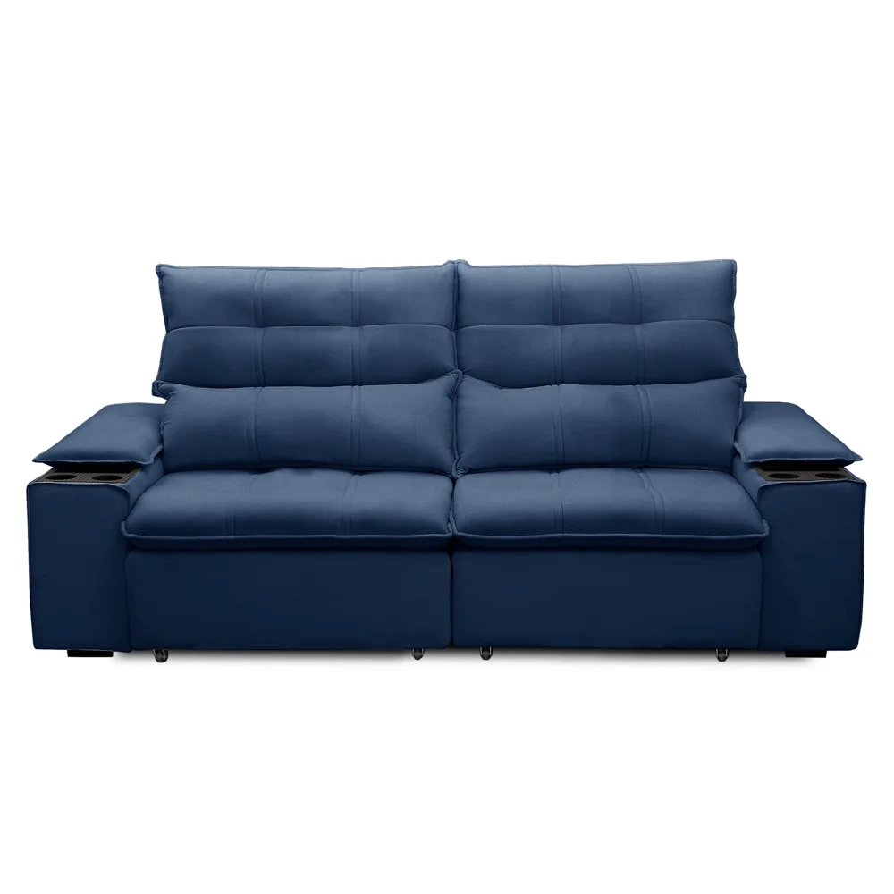 Sofá Retrátil 3 Lugares com Porta Copo 210cm Malta F05 Veludo Azul - Mpozenato