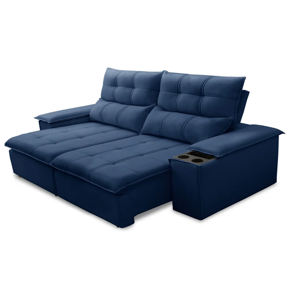 Sofá Retrátil 3 Lugares com Porta Copo 210cm Malta F05 Veludo Azul - Mpozenato
