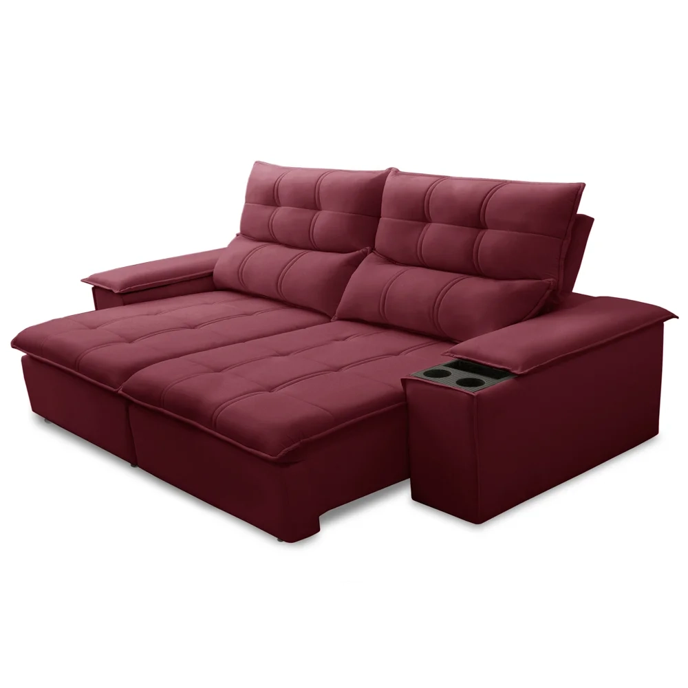 Sofá Retrátil 3 Lugares com Porta Copo 210cm Malta F05 Veludo Bordô - Mpozenato