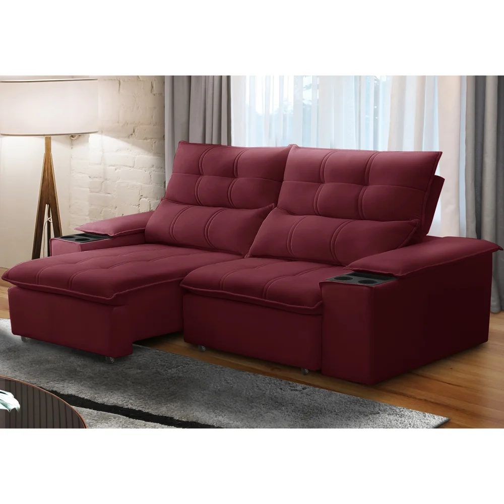 Sofá Retrátil 3 Lugares com Porta Copo 210cm Malta F05 Veludo Bordô - Mpozenato