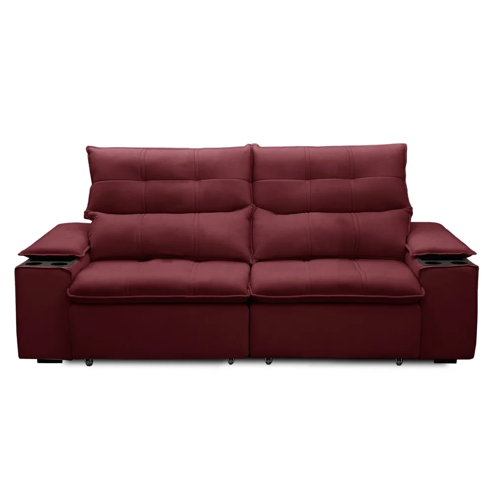 Sofá Retrátil 3 Lugares com Porta Copo 210cm Malta F05 Veludo Bordô - Mpozenato