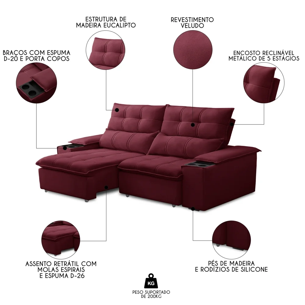 Sofá Retrátil 3 Lugares com Porta Copo 210cm Malta F05 Veludo Bordô - Mpozenato