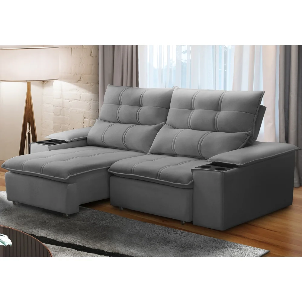 Sofá Retrátil 3 Lugares com Porta Copo 210cm Malta F05 Veludo Cinza - Mpozenato