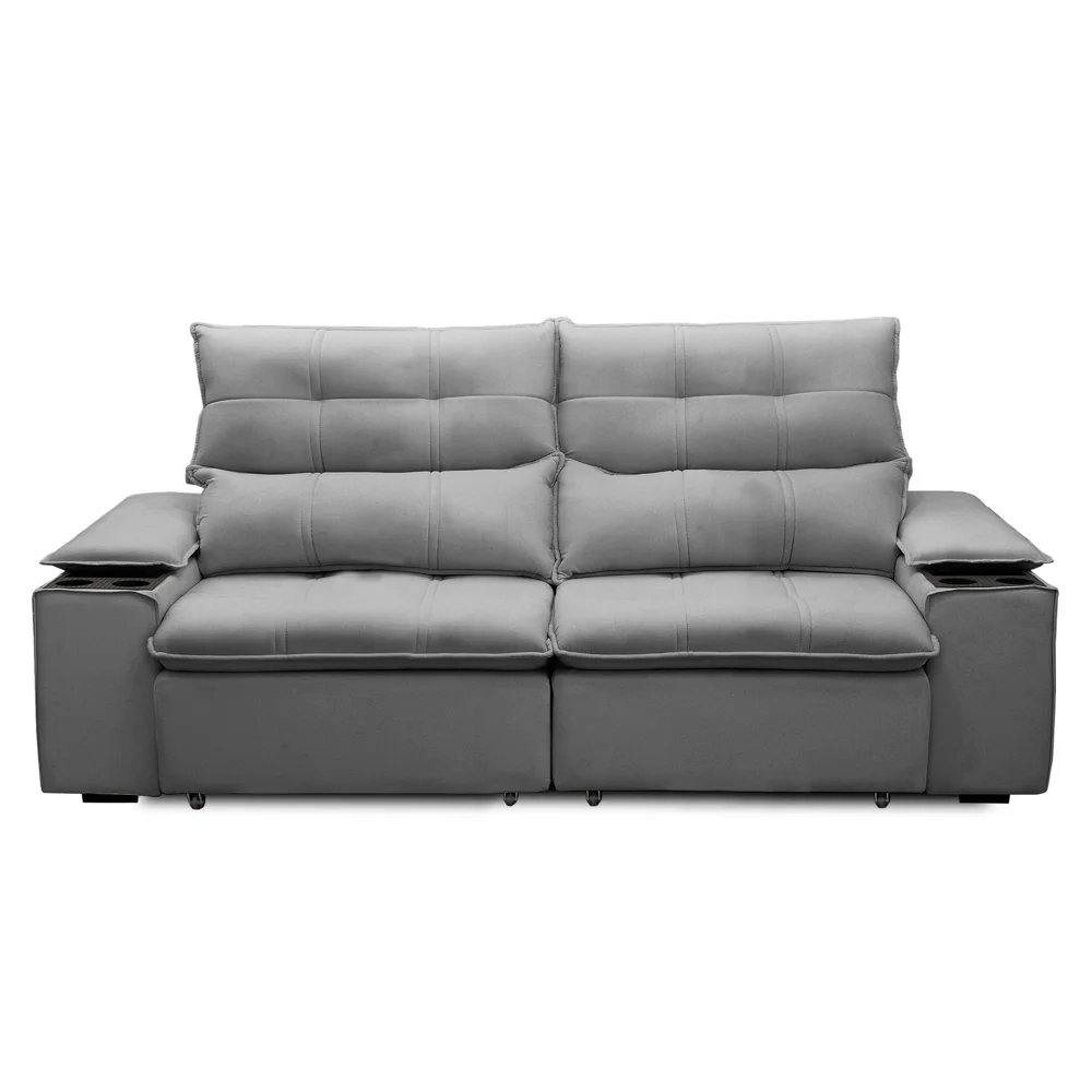 Sofá Retrátil 3 Lugares com Porta Copo 210cm Malta F05 Veludo Cinza - Mpozenato