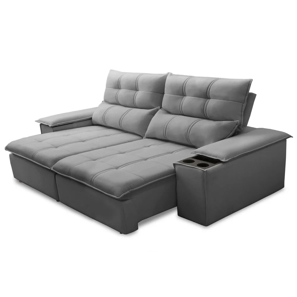 Sofá Retrátil 3 Lugares com Porta Copo 210cm Malta F05 Veludo Cinza - Mpozenato