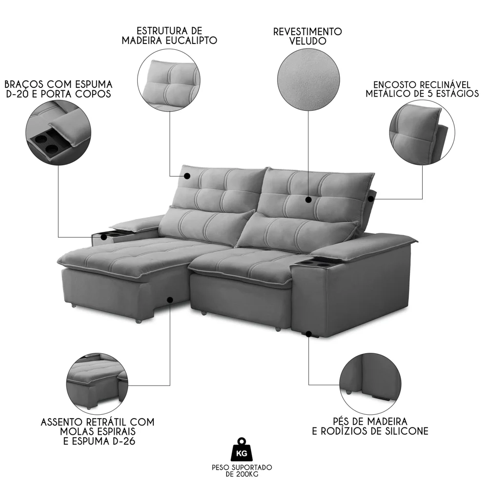 Sofá Retrátil 3 Lugares com Porta Copo 210cm Malta F05 Veludo Cinza - Mpozenato
