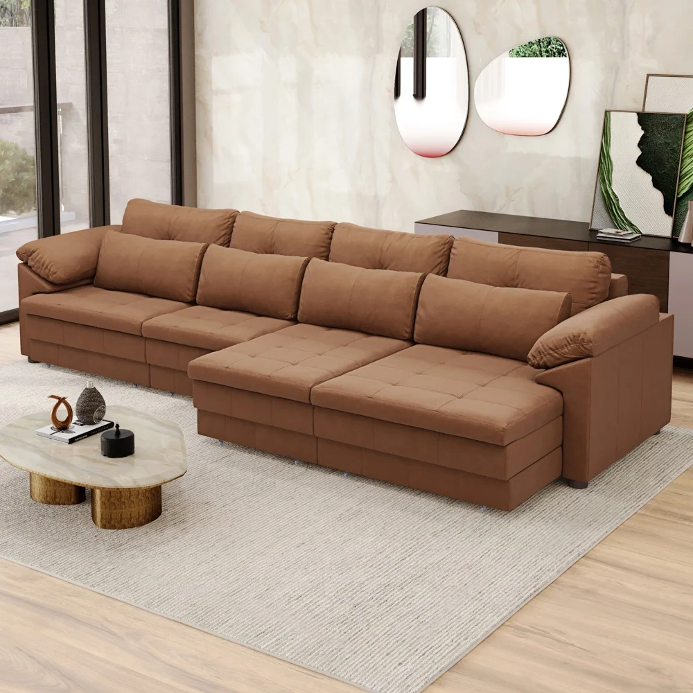 Sofá Retrátil 4 Lugares Para Sala 379cm Dijon Couro Mel S07 - Mpozenato