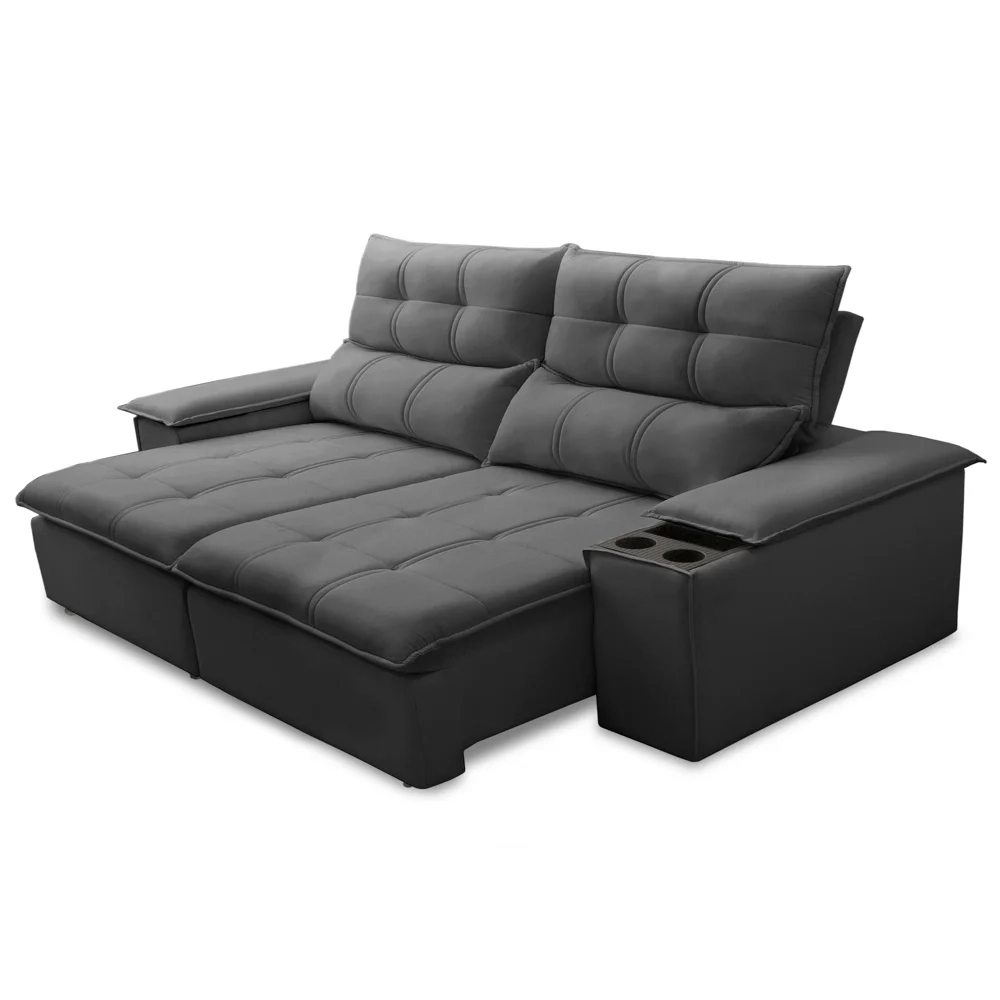 Sofá Retrátil 3 Lugares com Porta Copo 210cm Malta F05 Veludo Grafite - Mpozenato
