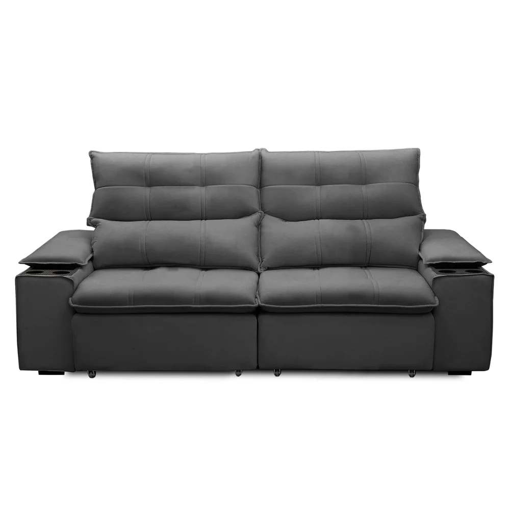 Sofá Retrátil 3 Lugares com Porta Copo 210cm Malta F05 Veludo Grafite - Mpozenato