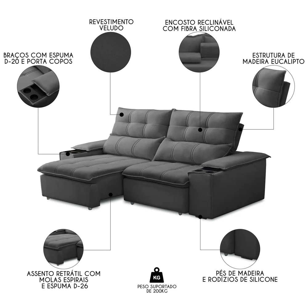 Sofá Retrátil 3 Lugares com Porta Copo 210cm Malta F05 Veludo Grafite - Mpozenato