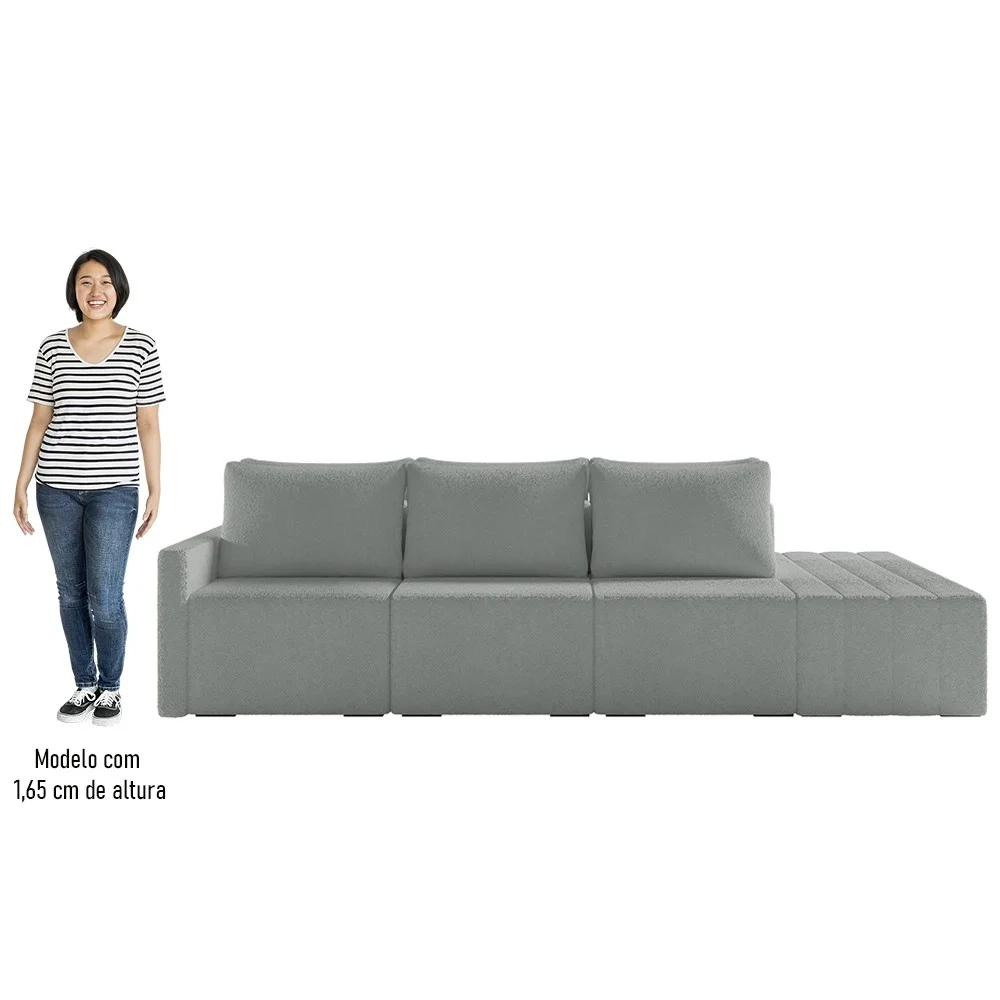 Sofá Ilha Modular com Puff para Sala Living 342cm Georgia Z08 Boucle Cinza Claro - Mpozenato