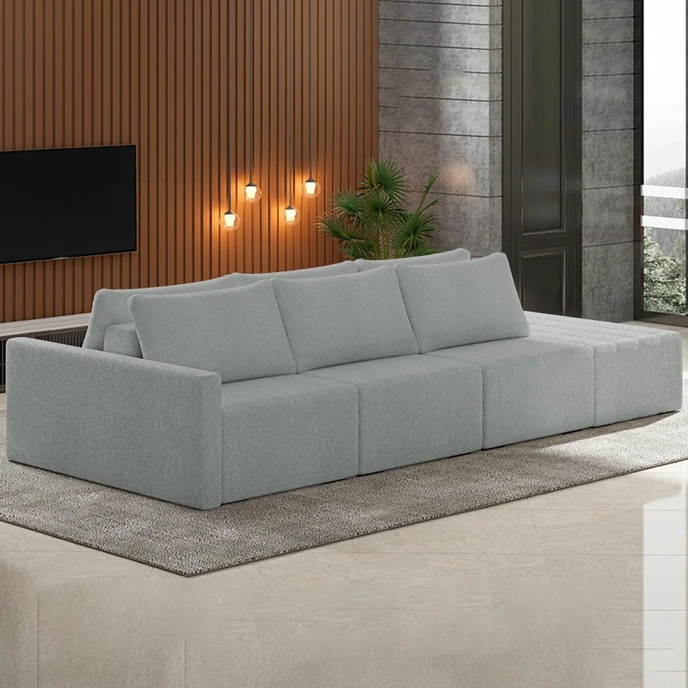 Sofá Ilha Modular com Puff para Sala Living 342cm Georgia Z08 Boucle Cinza Claro - Mpozenato