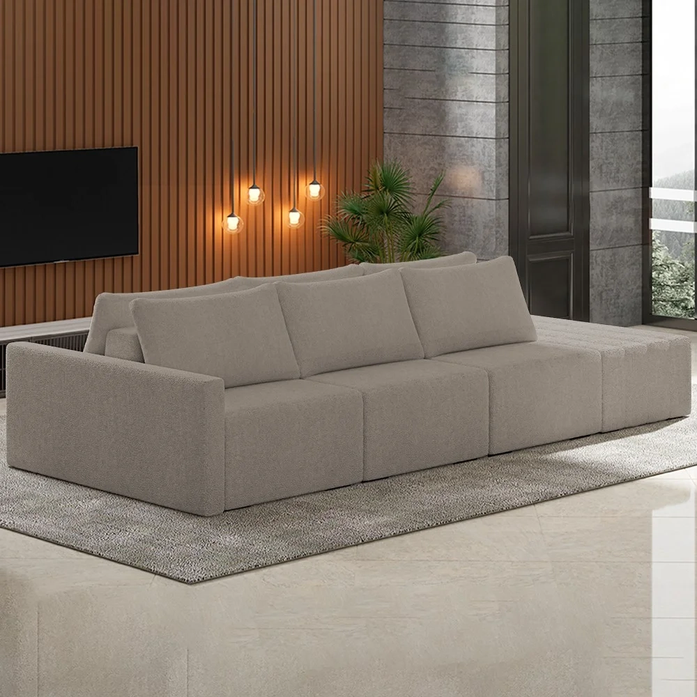 Sofá Ilha Modular com Puff para Sala Living 342cm Georgia Z08 Boucle Bege Escuro - Mpozenato