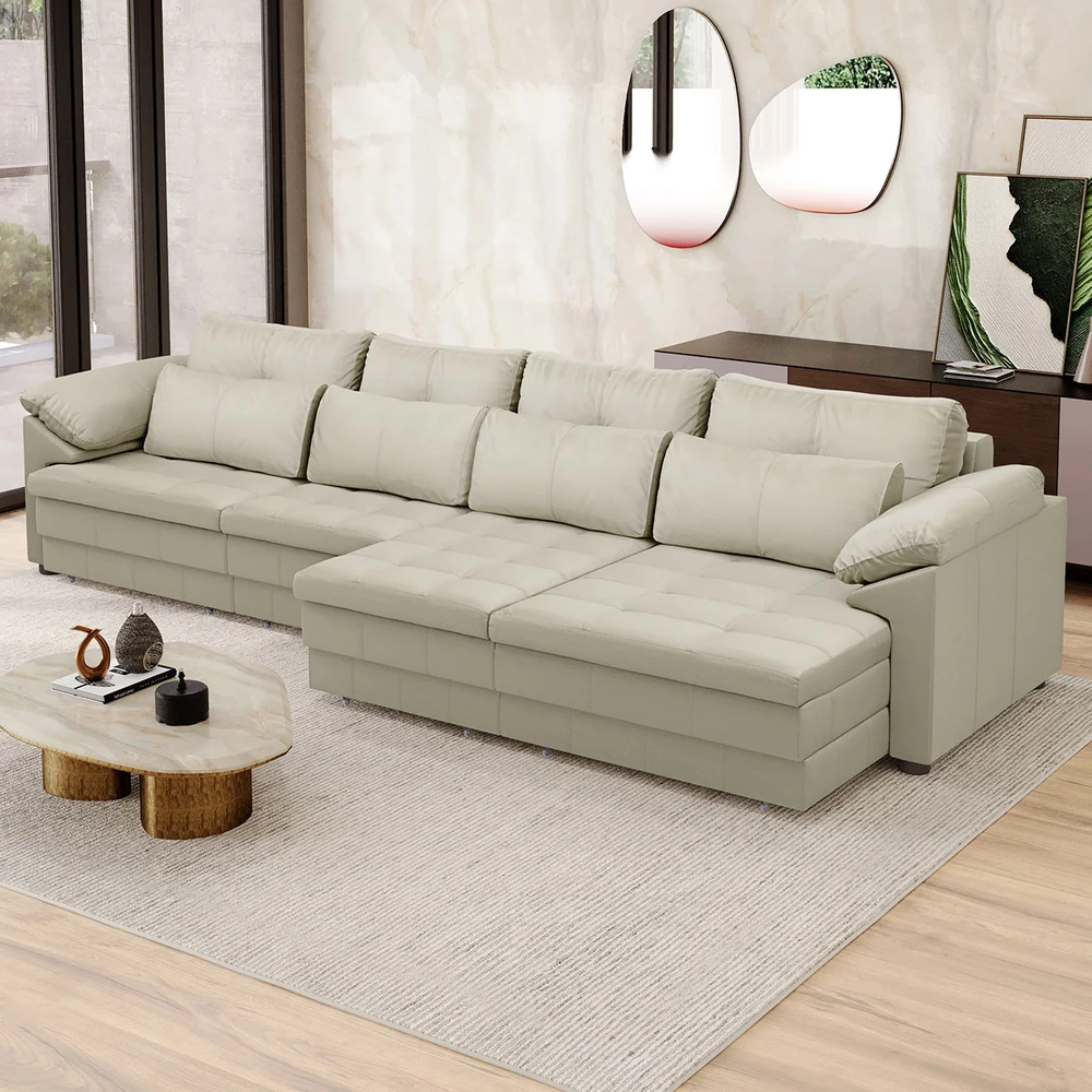 Sofá Retrátil 4 Lugares Para Sala 379cm Dijon Couro Creme S07 - Mpozenato
