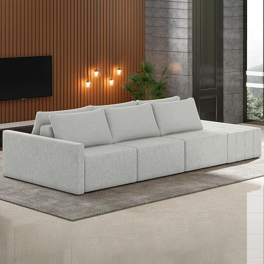 Sofá Ilha Modular com Puff para Sala Living 342cm Georgia Z08 Linho Cinza - Mpozenato