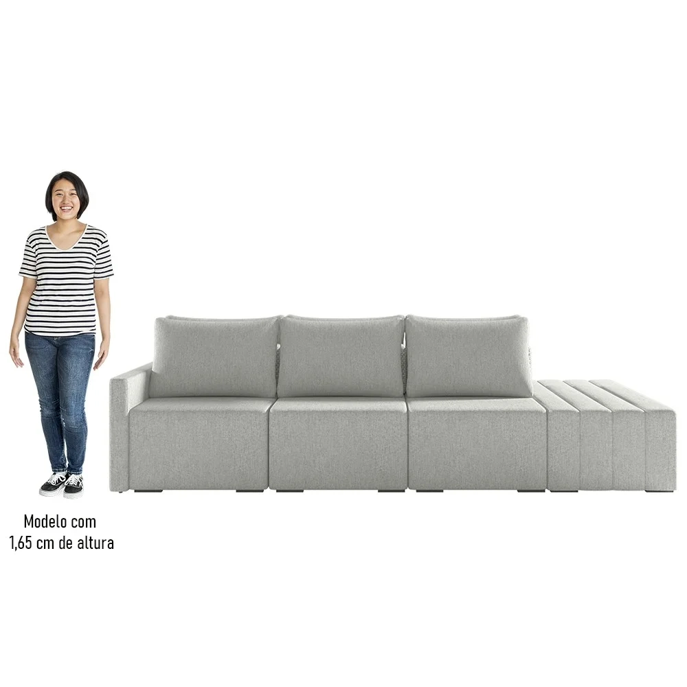 Sofá Ilha Modular com Puff para Sala Living 342cm Georgia Z08 Linho Cinza - Mpozenato