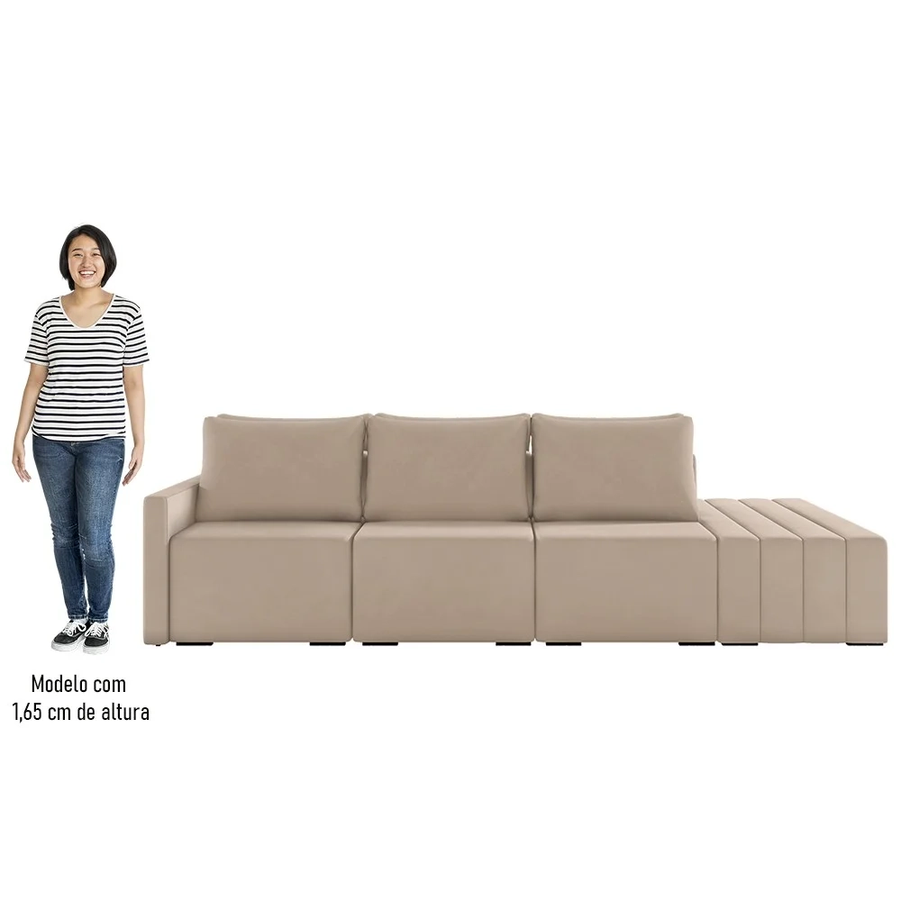 Sofá Ilha Modular com Puff para Sala Living 342cm Georgia Z08 Veludo Bege - Mpozenato