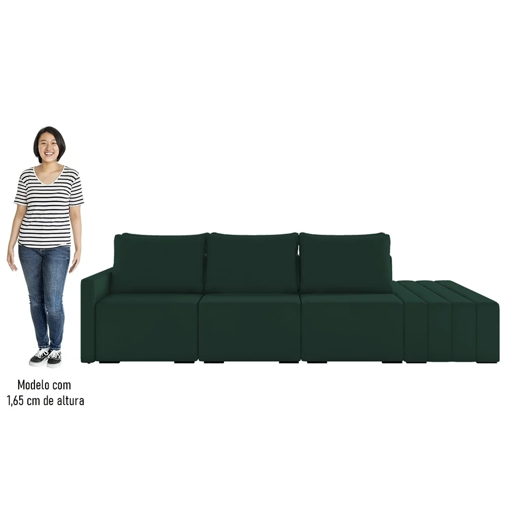 Sofá Ilha Modular com Puff para Sala Living 342cm Georgia Z08 Veludo Verde - Mpozenato