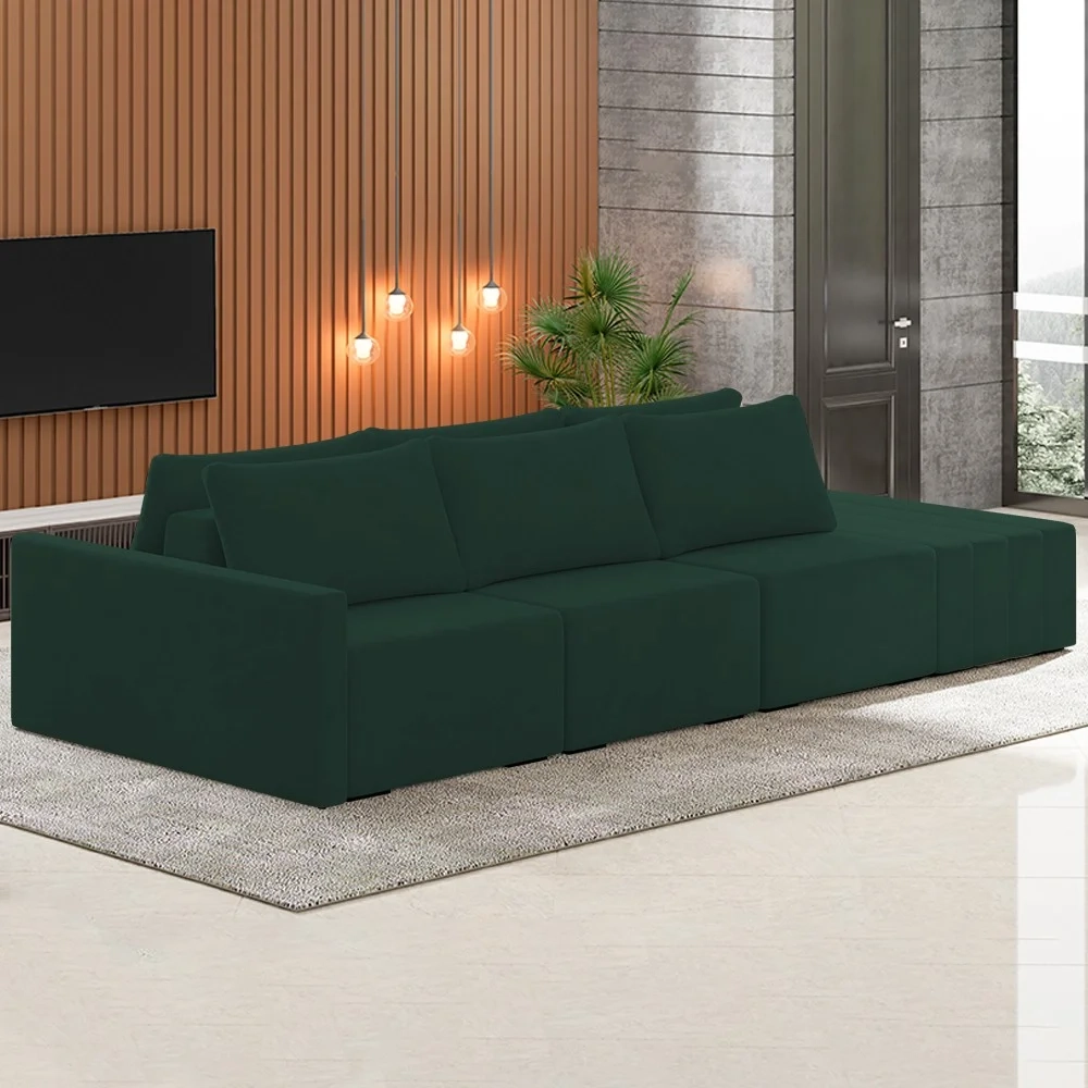 Sofá Ilha Modular com Puff para Sala Living 342cm Georgia Z08 Veludo Verde - Mpozenato