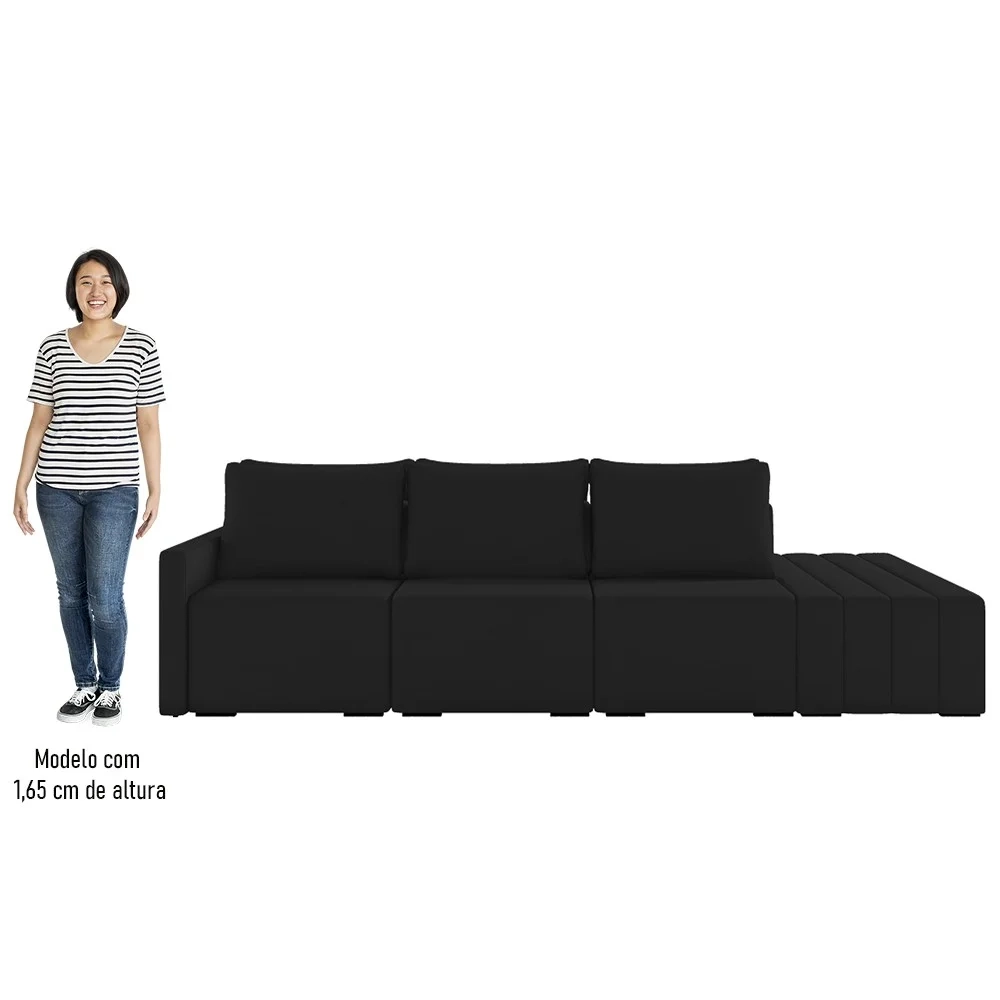 Sofá Ilha Modular com Puff para Sala Living 342cm Georgia Z08 Veludo Preto - Mpozenato