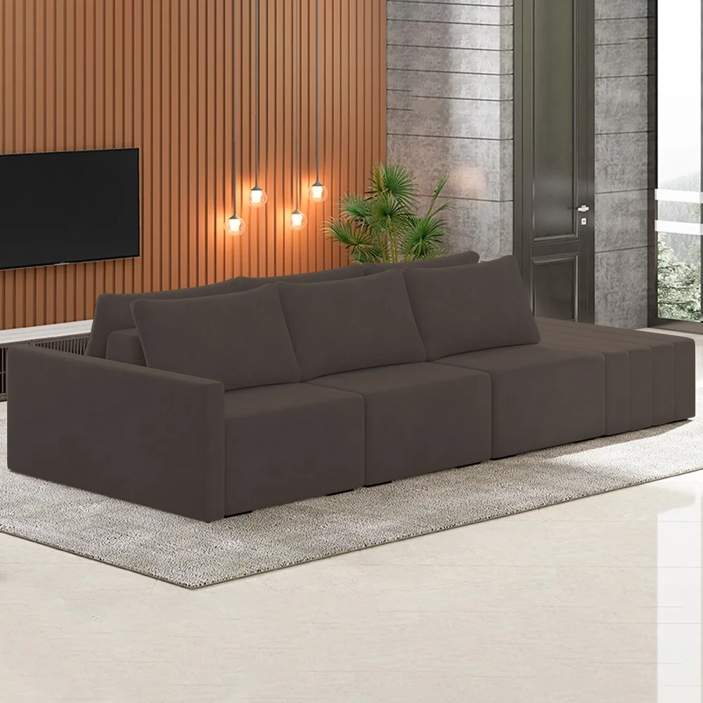 Sofá Ilha Modular com Puff para Sala Living 342cm Georgia Z08 Veludo Marrom - Mpozenato