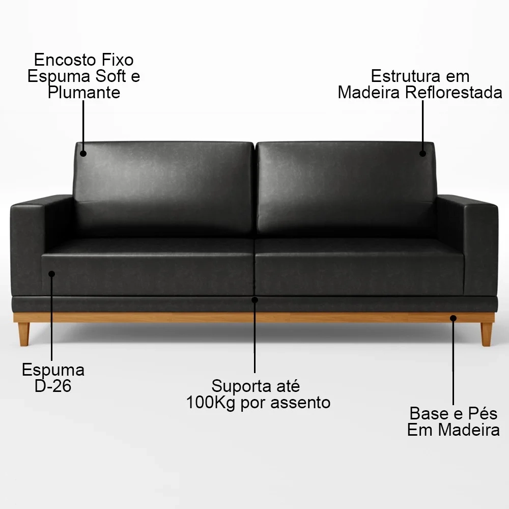 Sofá 2 Lugares 160cm Living Sala de Estar Kayrós D05 Sintético Preto - Mpozenato