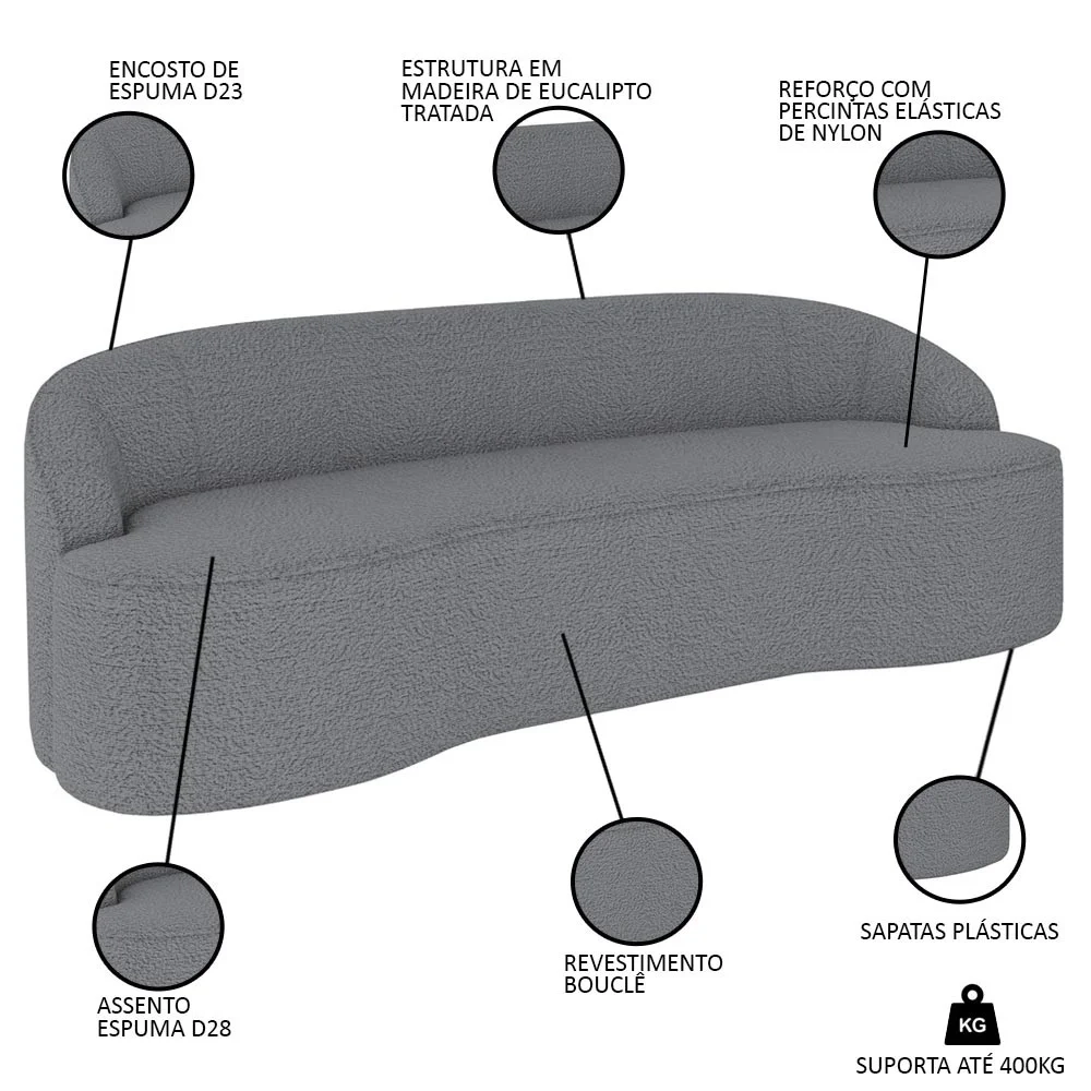 Sofá 4 Lugares para Sala de Estar Living 260cm Theo D06 Boucle Cinza - Mpozenato