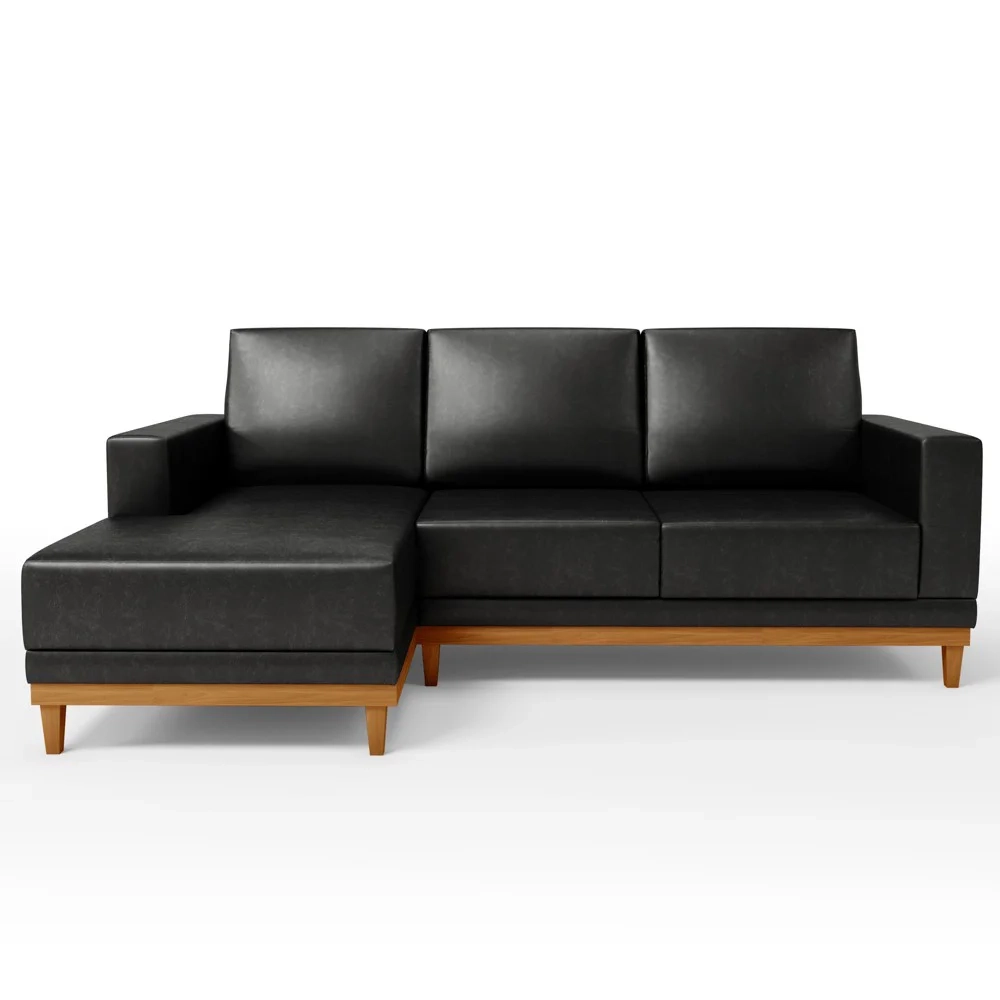 Sofá 3 Lugares 200cm Living Com Chaise Esquerdo Sala de Estar Kayrós D05 Sintético Preto - Mpozenato