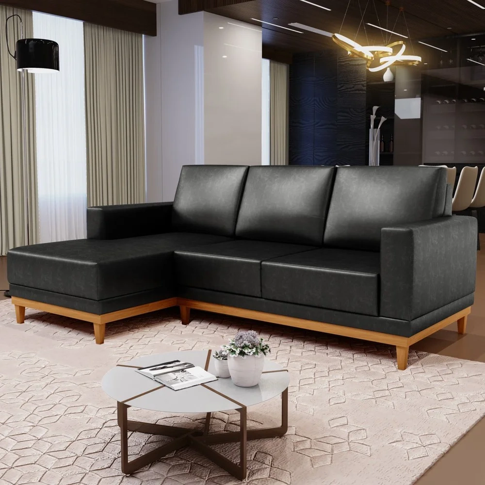 Sofá 3 Lugares 200cm Living Com Chaise Esquerdo Sala de Estar Kayrós D05 Sintético Preto - Mpozenato