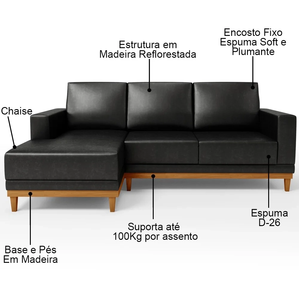 Sofá 3 Lugares 200cm Living Com Chaise Esquerdo Sala de Estar Kayrós D05 Sintético Preto - Mpozenato