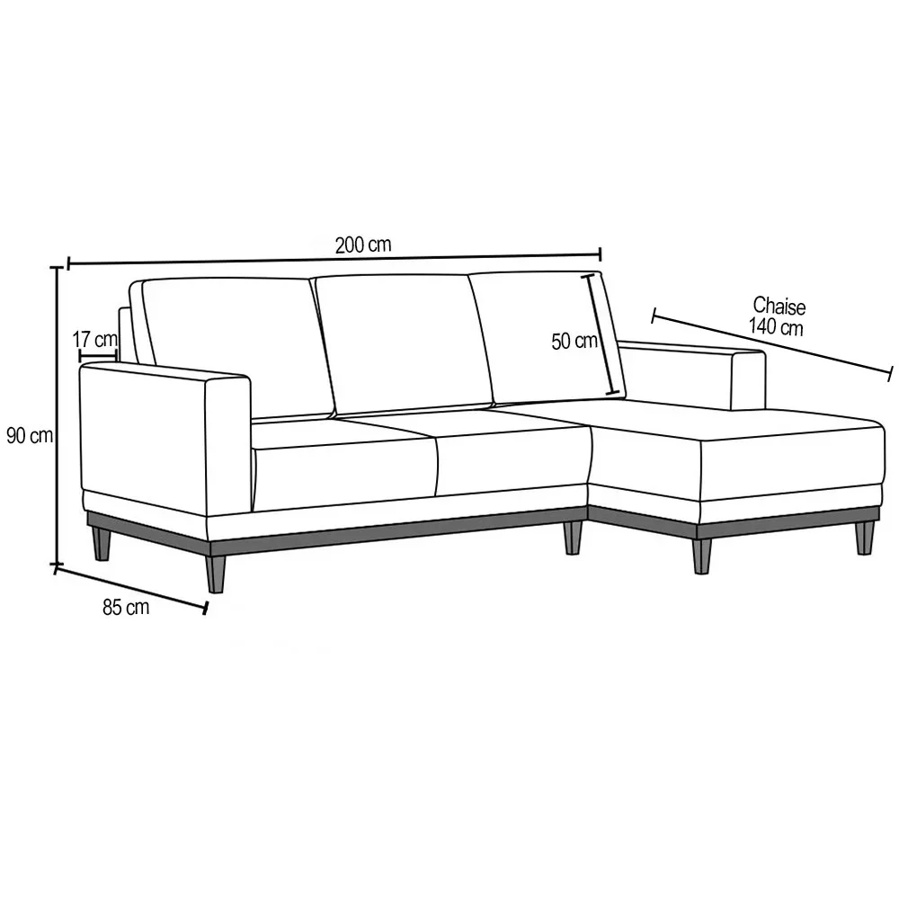 Sofá 3 Lugares 200cm Living Com Chaise Direito Sala de Estar Kayrós D05 Sintético Preto - Mpozenato