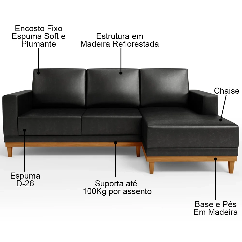 Sofá 3 Lugares 200cm Living Com Chaise Direito Sala de Estar Kayrós D05 Sintético Preto - Mpozenato